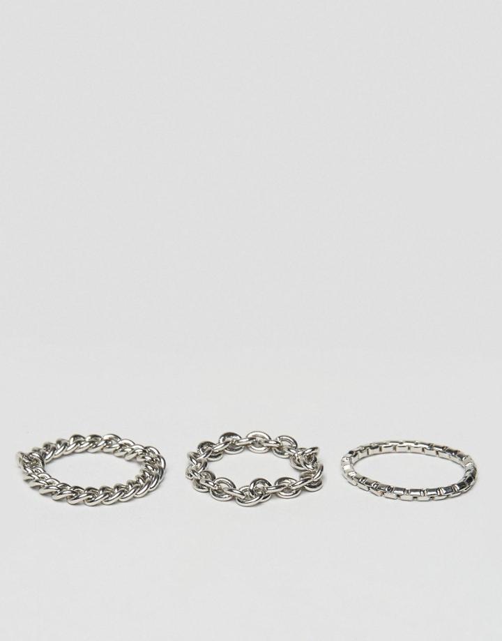 Asos Pack Of 3 Mixed Chain Grunge Rings - Rhodium