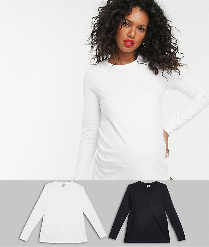 Asos Design Maternity Ultimate Slim Fit T-shirt With Long Sleeves In Cotton 2 Pack Save In Black & White - Multi