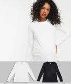 Asos Design Maternity Ultimate Slim Fit T-shirt With Long Sleeves In Cotton 2 Pack Save In Black & White - Multi