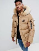 Siksilk Parka Jacket With Fur Hood In Beige - Brown