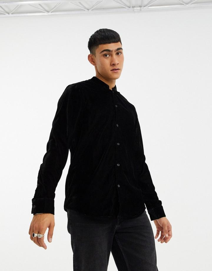 Asos Design Regular Fit Velvet Shirt With Mandarin Collar In Black