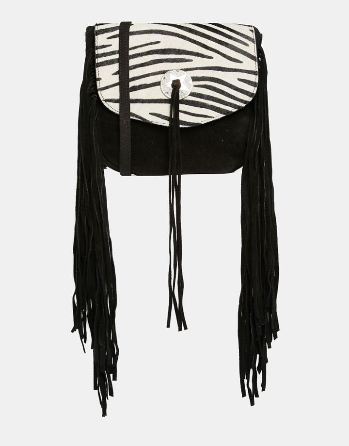 Asos Suede And Tassel Saddle Bag With Zebra Faux Pony Flap - Multi