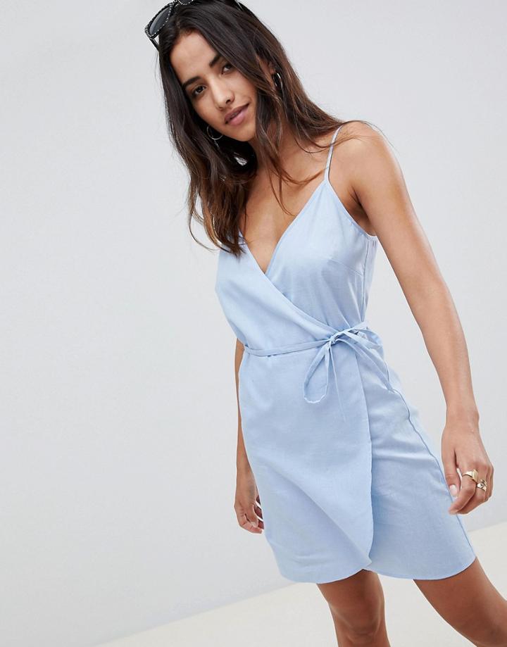 Asos Linen Wrap Side Mini Sundress - Blue