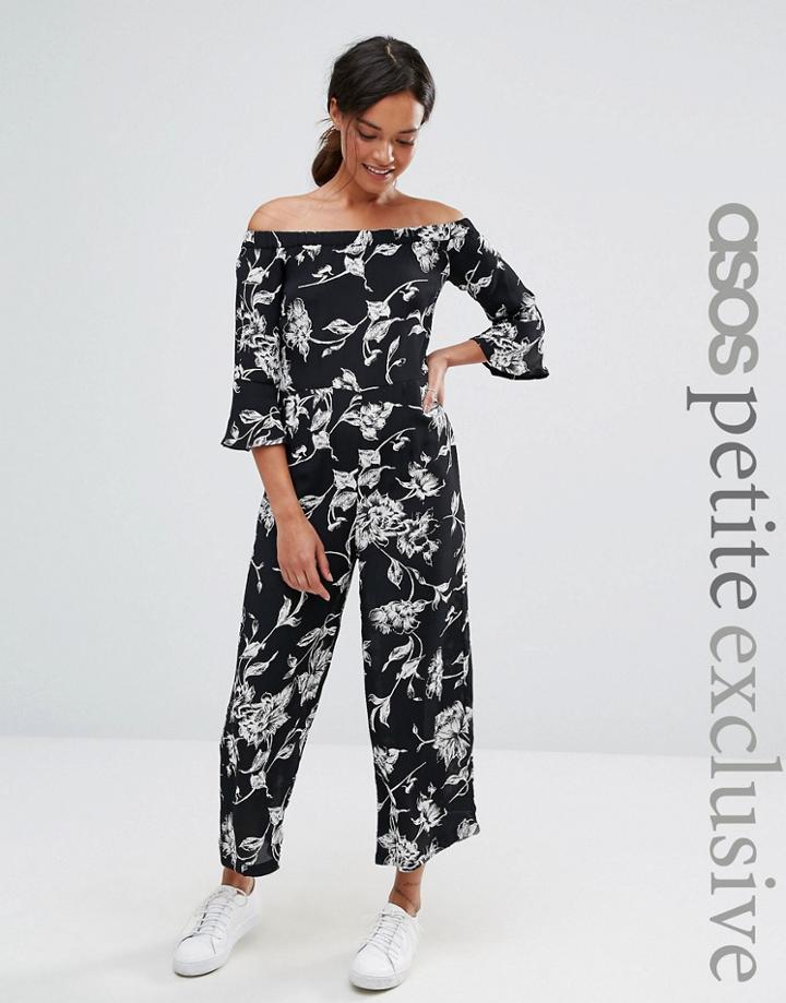Asos Petite Bardot Jumpsuit In Mono Floral - Multi