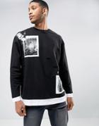 Asos Oversized Sweatshirt With Patch Print & Double Layers - Black