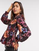 Vero Moda Shirred Blouse With Peplum In Black Floral-multi
