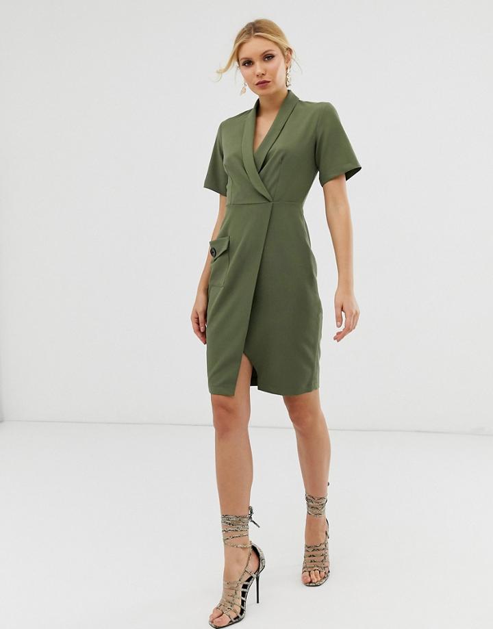Closet London Wrap Front Midi Dress With Pocket Detail In Khaki - Green