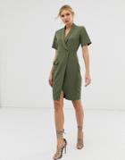 Closet London Wrap Front Midi Dress With Pocket Detail In Khaki - Green