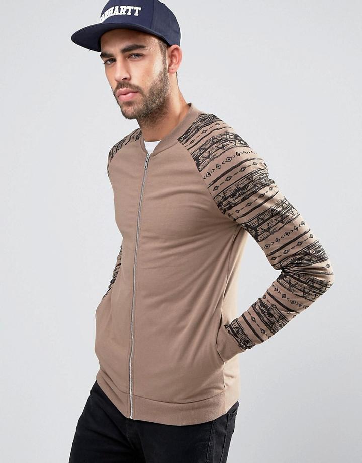 Asos Muscle Fit Jersey Bomber Jacket With Printed Sleeves - Brown