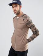 Asos Muscle Fit Jersey Bomber Jacket With Printed Sleeves - Brown