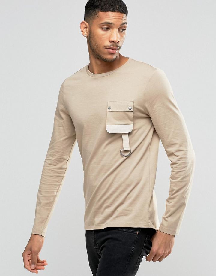 Asos Longline Long Sleeve T-shirt With Military Pocket In Beige - Beige