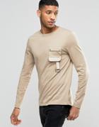 Asos Longline Long Sleeve T-shirt With Military Pocket In Beige - Beige