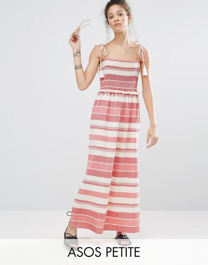 Asos Petite Shirred Maxi Dress With Pom Pom Detail - Multi