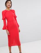 Oasis Fluted Sleeve Frill Detail Midi Dress - Red