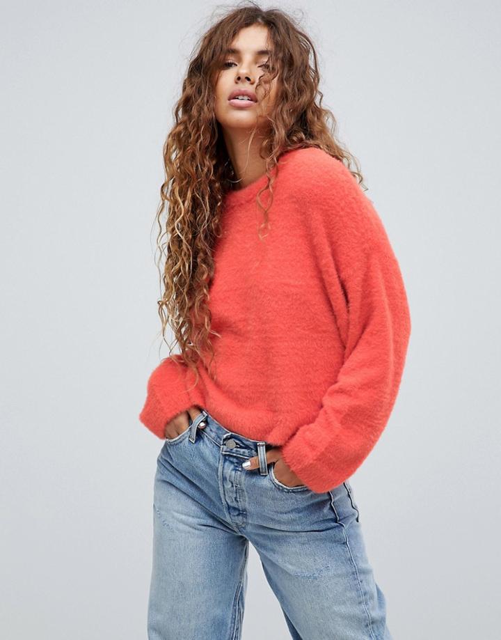 Asos Cropped Sweater In Fluffy Knit And Wide Sleeve - Yellow