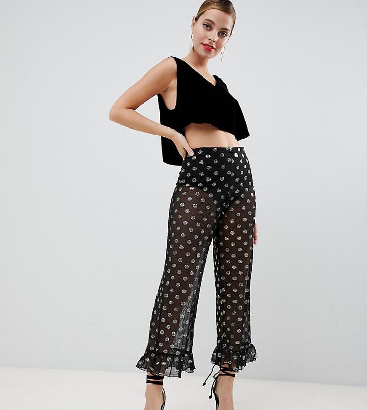 Asos Design Petite Gold Spot Mesh Pants With Fluted Ruffle Hem-multi