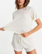 Missguided Loungewear Ribbed Oversized T-shirt And Short Set In Ecru-white