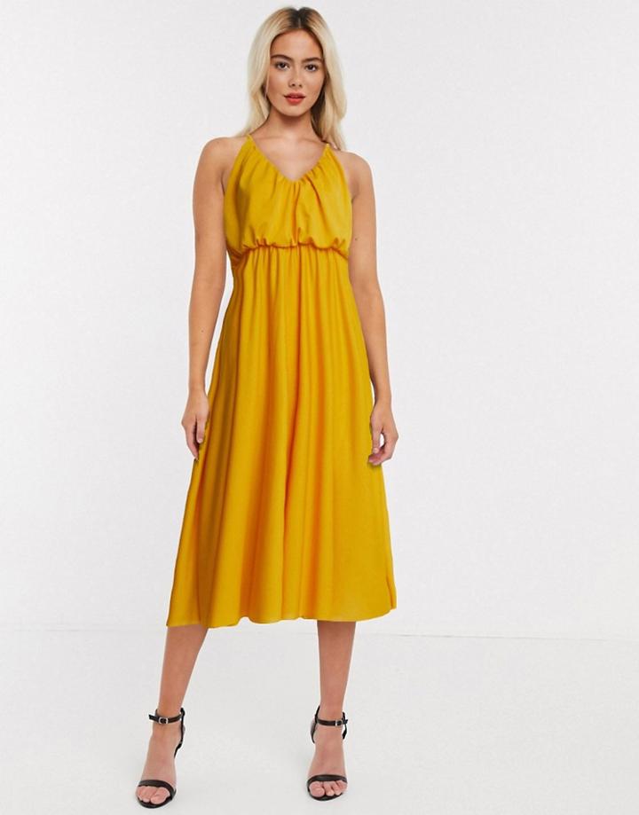 Asos Design Cami Plunge Midi Dress With Blouson Top In Mustard-orange