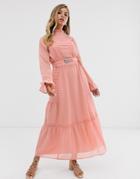 Asos Design Lace Insert Maxi Dress With Buckle Belt - Pink
