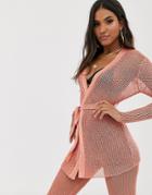 Sorelle Uk Knitted Shimmer Tie Front Longline Cardi And Wide Leg Pants Two-piece In Pink