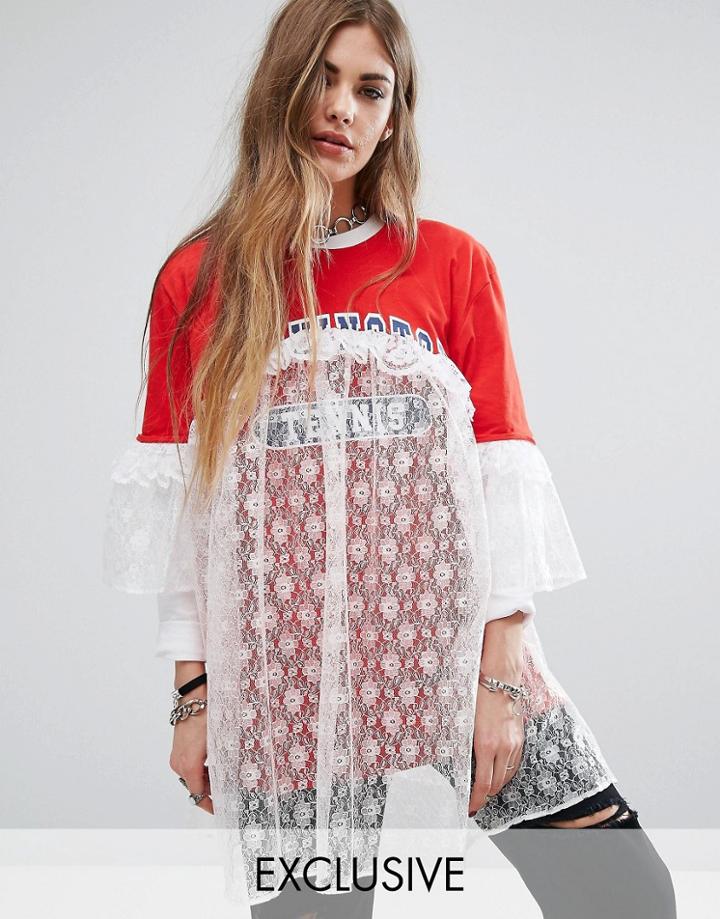 Reclaimed Vintage Varsity T-shirt With Lace Overlay - Red