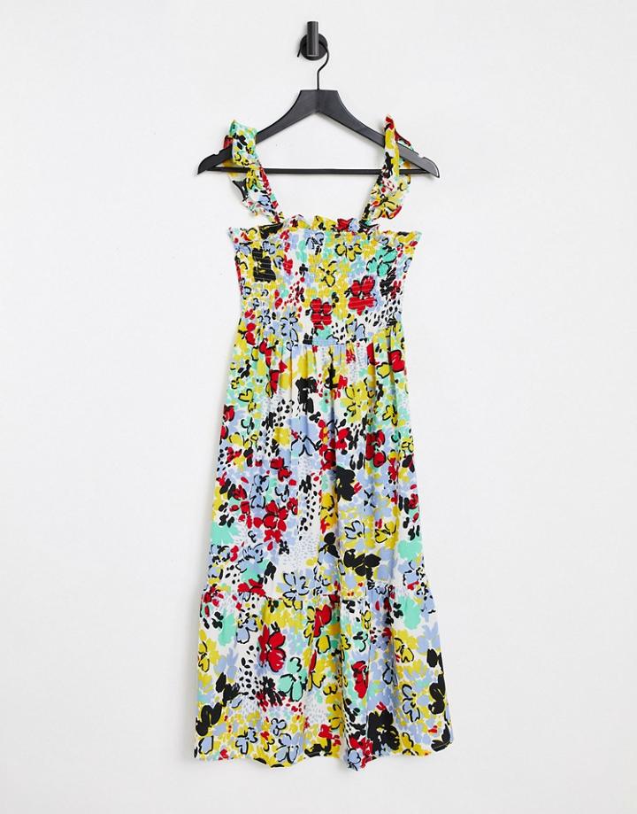 Influence Shirred Bust Midi Dress In Bold Floral Print-multi