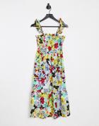 Influence Shirred Bust Midi Dress In Bold Floral Print-multi