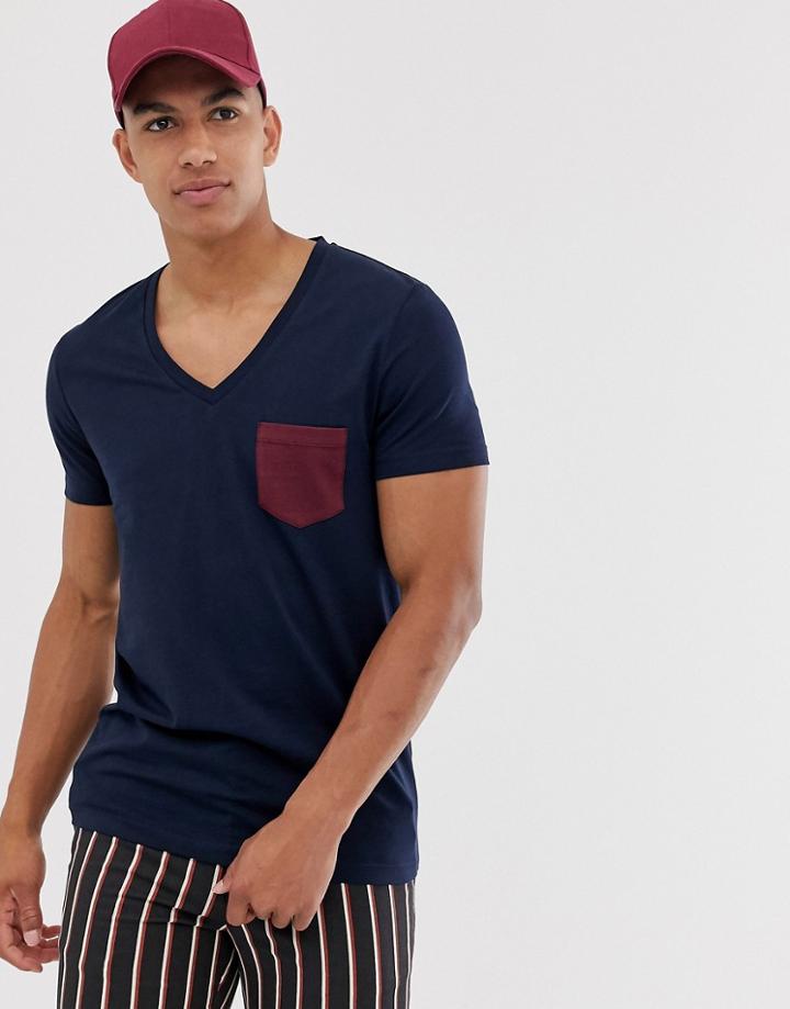 Asos Design T-shirt With Deep V Neck And Contrast Pocket In Navy