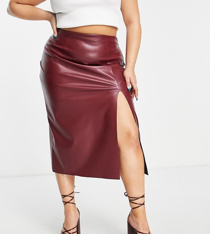 Asos Design Curve Leather Look Midi Skirt With Thigh Split In Chocolate-brown