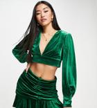 Collective The Label Balloon Sleeve Velvet Crop Top In Emerald Green - Part Of A Set