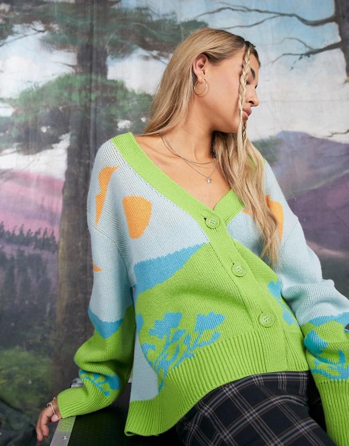 Asos Design Cardigan With Landscape Pattern-multi