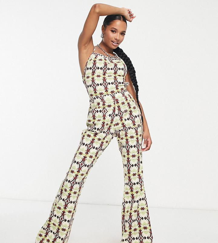 Asos Design Petite Halter Neck Jumpsuit With Flare Leg In Geo Print-multi