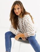 Fashion Union High Neck Fluffy Knit Sweater In Geometric Print - Brown