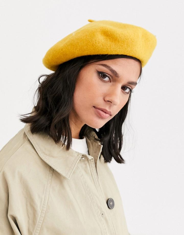Monki Beret In Mustard-yellow