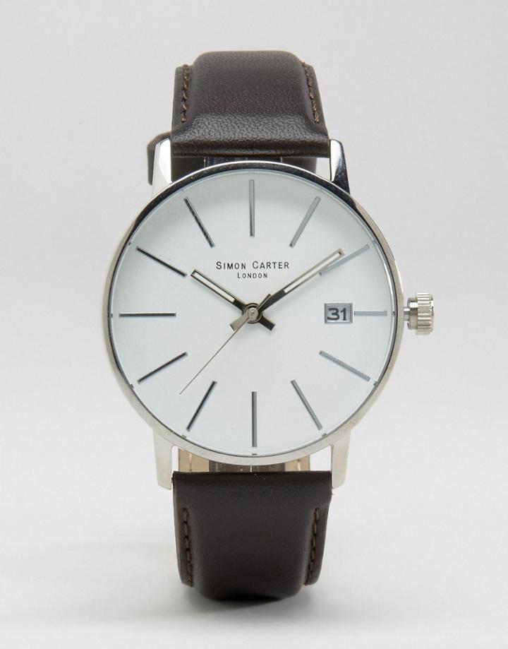 Simon Carter Black Leather Watch With White Dial - Black