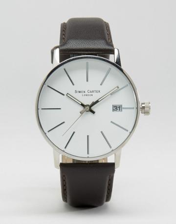 Simon Carter Black Leather Watch With White Dial - Black