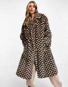 Jayley Faux Fur Check Long Coat In Brown