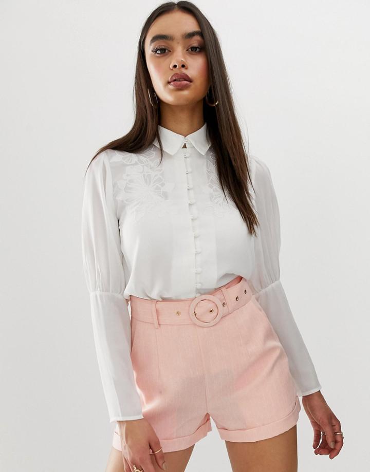 Fashion Union Embroidered Button Front Blouse With Balloon Sleeves - White