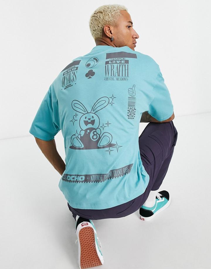 Asos Design Oversized T-shirt In Blue With Graphic Back Print-green