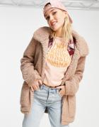 Brave Soul Heavenly Longline Coat In Sherpa-brown