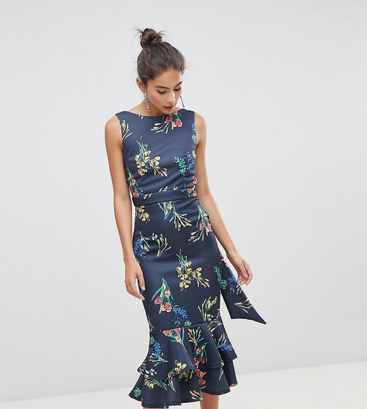 True Violet Midi Dress In Floral With Frill Hem - Multi