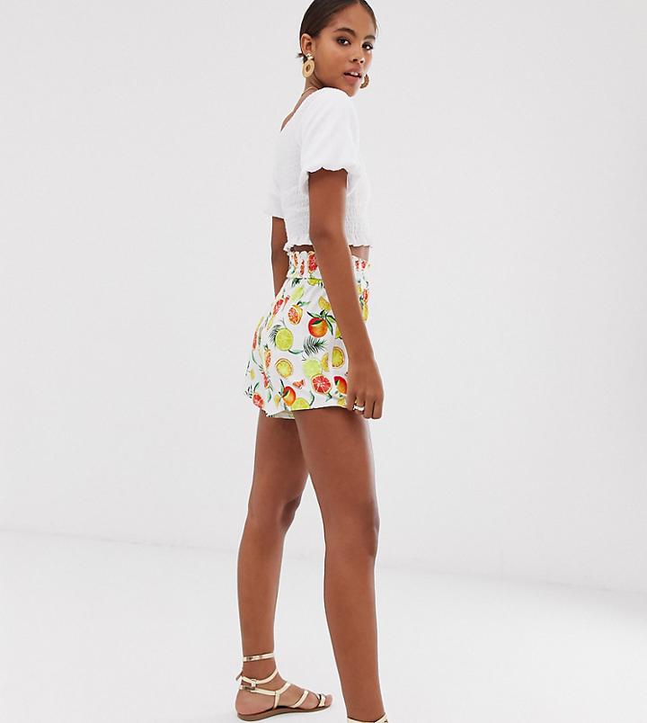 Asos Design Tall Shirred Waist Short In Fruit Print - Multi