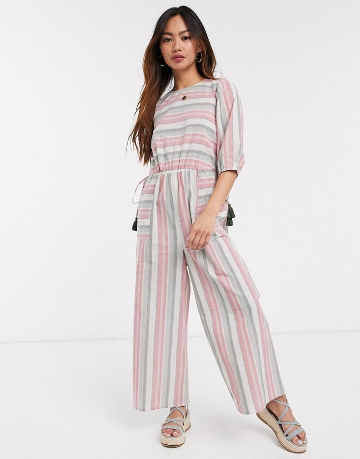 Asos Design Puff Sleeve Jumpsuit With Tie Sides In Stripe Linen-multi