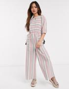 Asos Design Puff Sleeve Jumpsuit With Tie Sides In Stripe Linen-multi