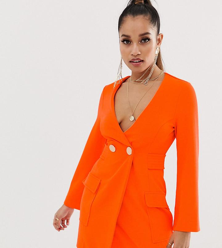Asos Design Petite Fluoro Tux Dress With Button Detail-orange
