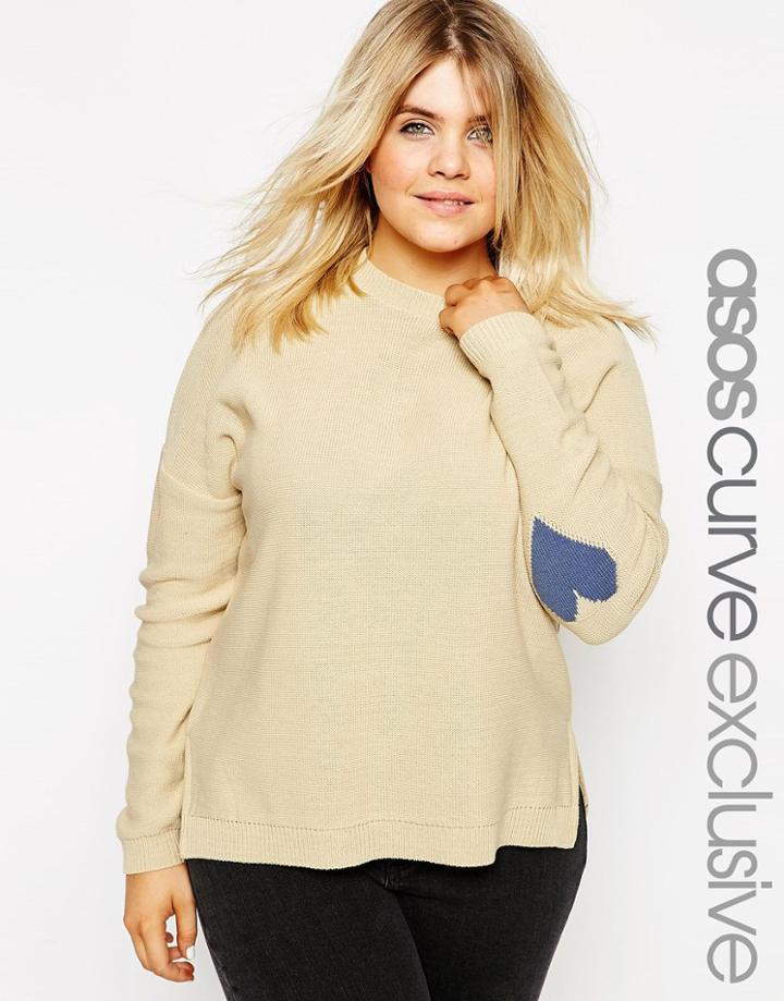 Asos Curve Boxy Sweater With Heart Elbow Patch - Cream