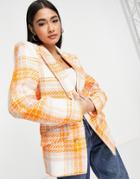 River Island Boucle Plaid Fitted Tux Blazer In Orange - Part Of A Set