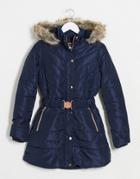 Qed London Quilted Puffer Coat With Belt In Navy