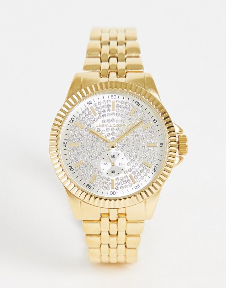 Asos Design Bracelet Watch With Crystal Face Detail In Gold Tone