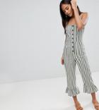 Asos Design Tall Cotton Frill Hem Jumpsuit With Square Neck And Button Detail In Stripe-multi